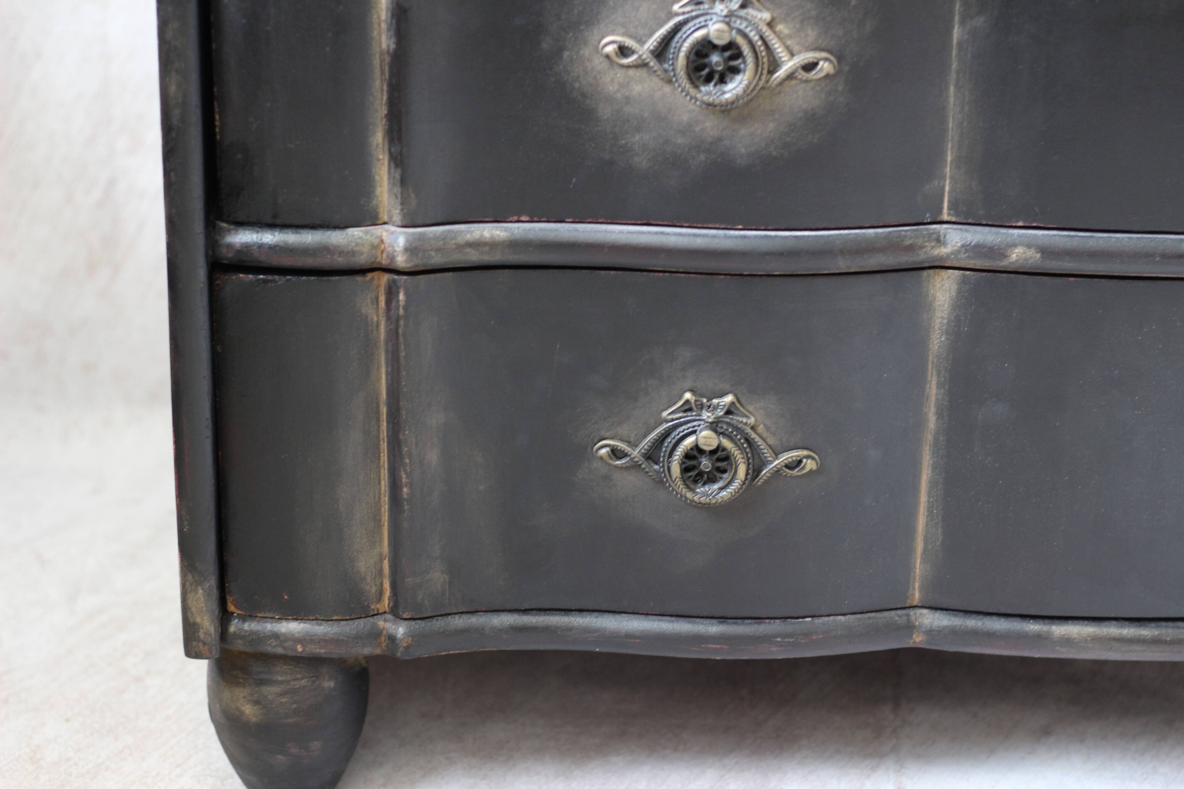 Victorian style black patinated crossbow chest of drawers