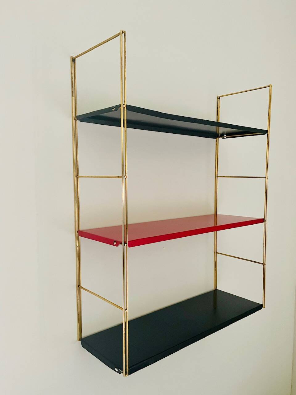 Modular vintage wall shelf, black and red metal circa 1960s
