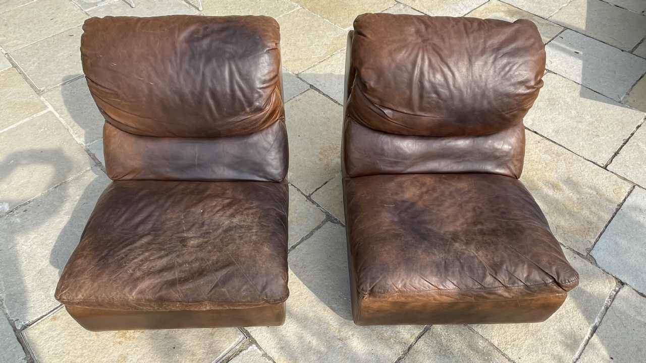 Pair of vintage leather armchairs / fireside chairs / clubs, 1970s