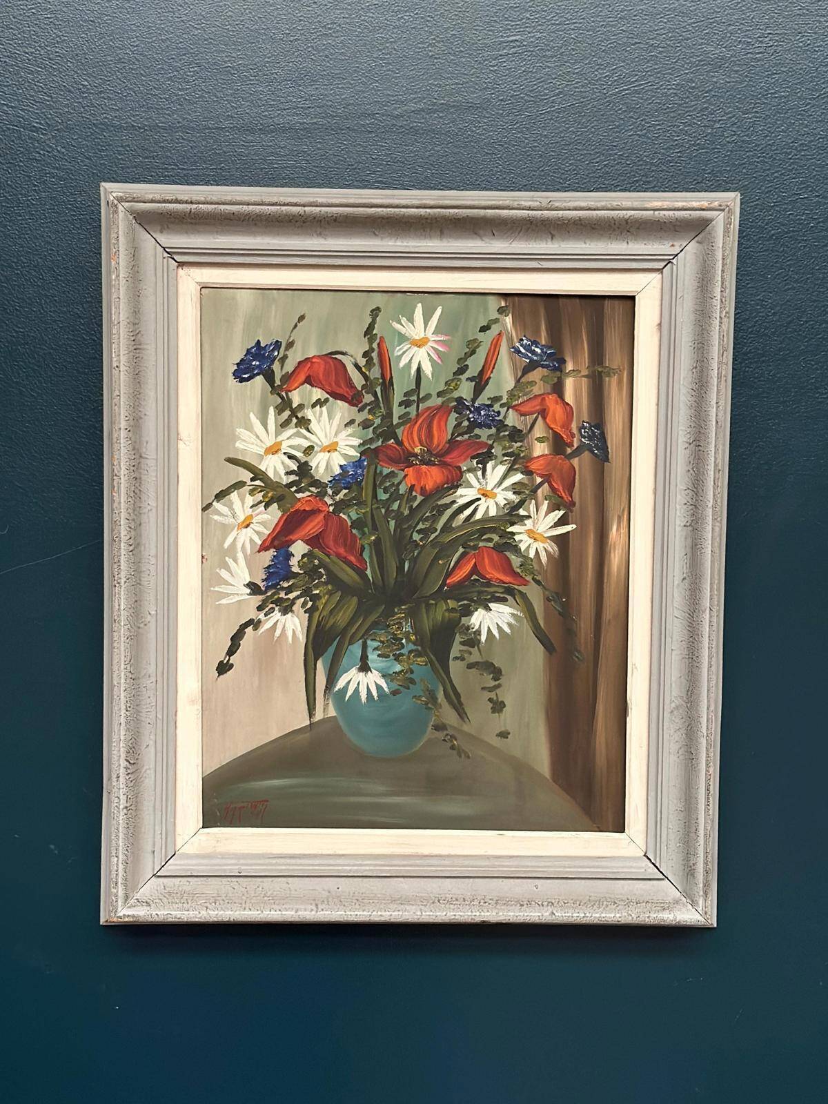 Huile sur panneau d'origine – “Bloomer” par Hartiviq – Datée de 1954 – Vintage et encadrée – 57 × 66 cm (22,4" × 26")