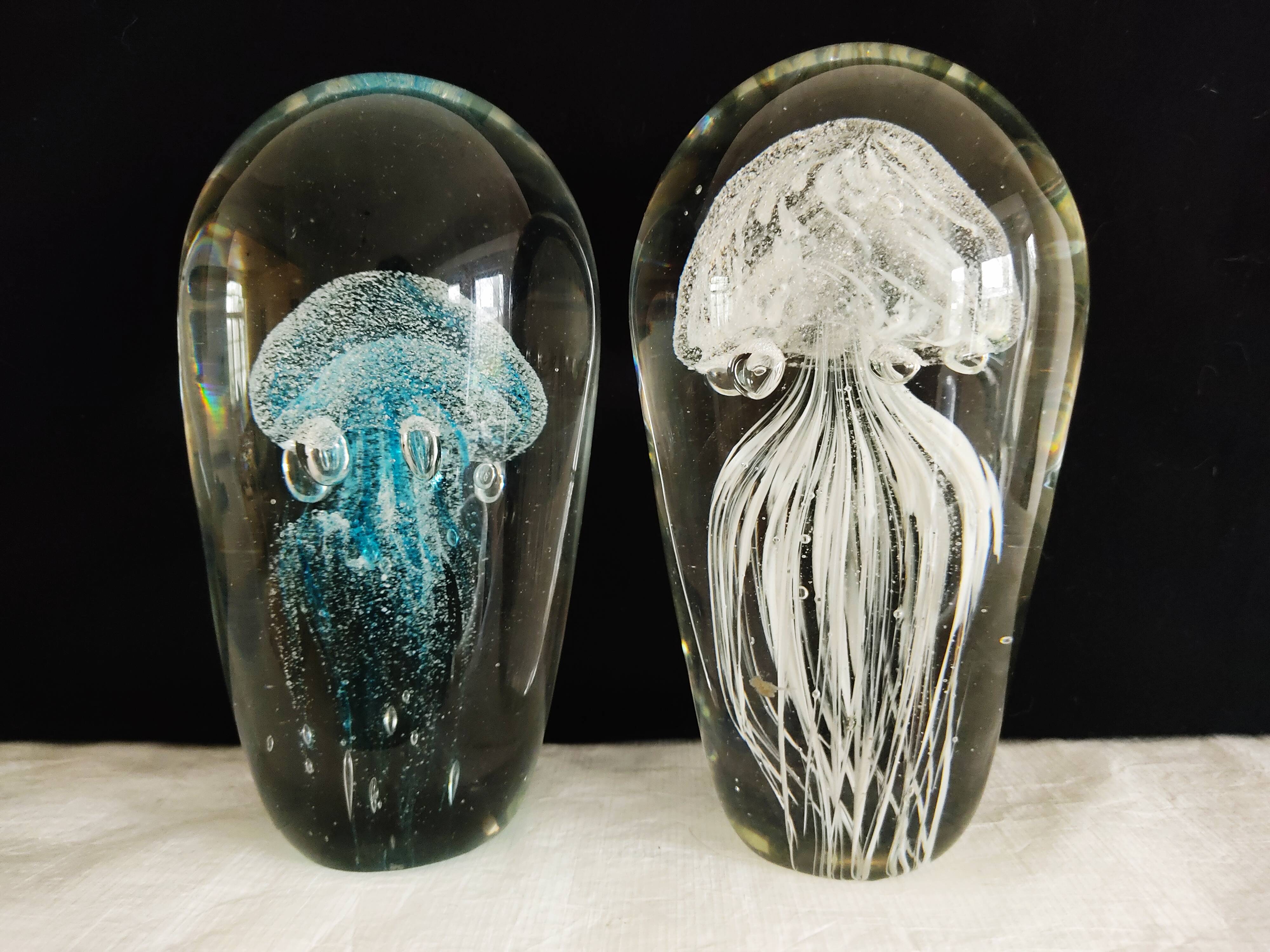 Set of two paperweights vintage jellyfish sulphide