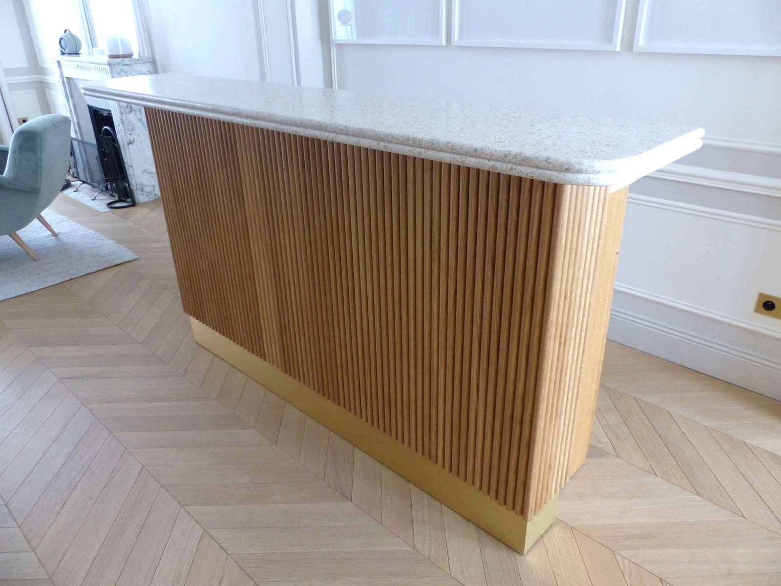 Contemporary bar in solid oak & double terrazzo top - Unique piece