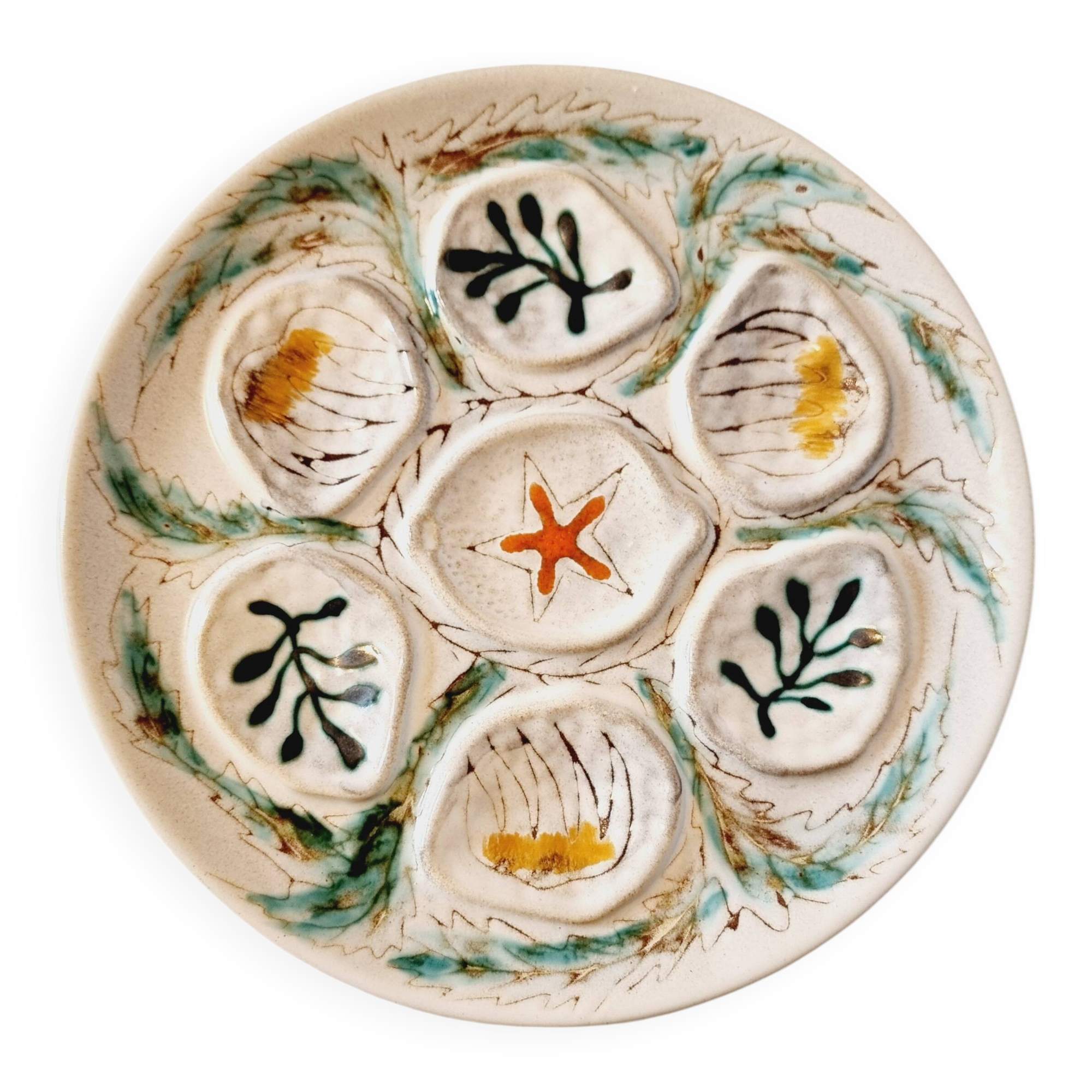 Interesting French porcelain oyster dish MBFA Pornic hand-painted marine M.