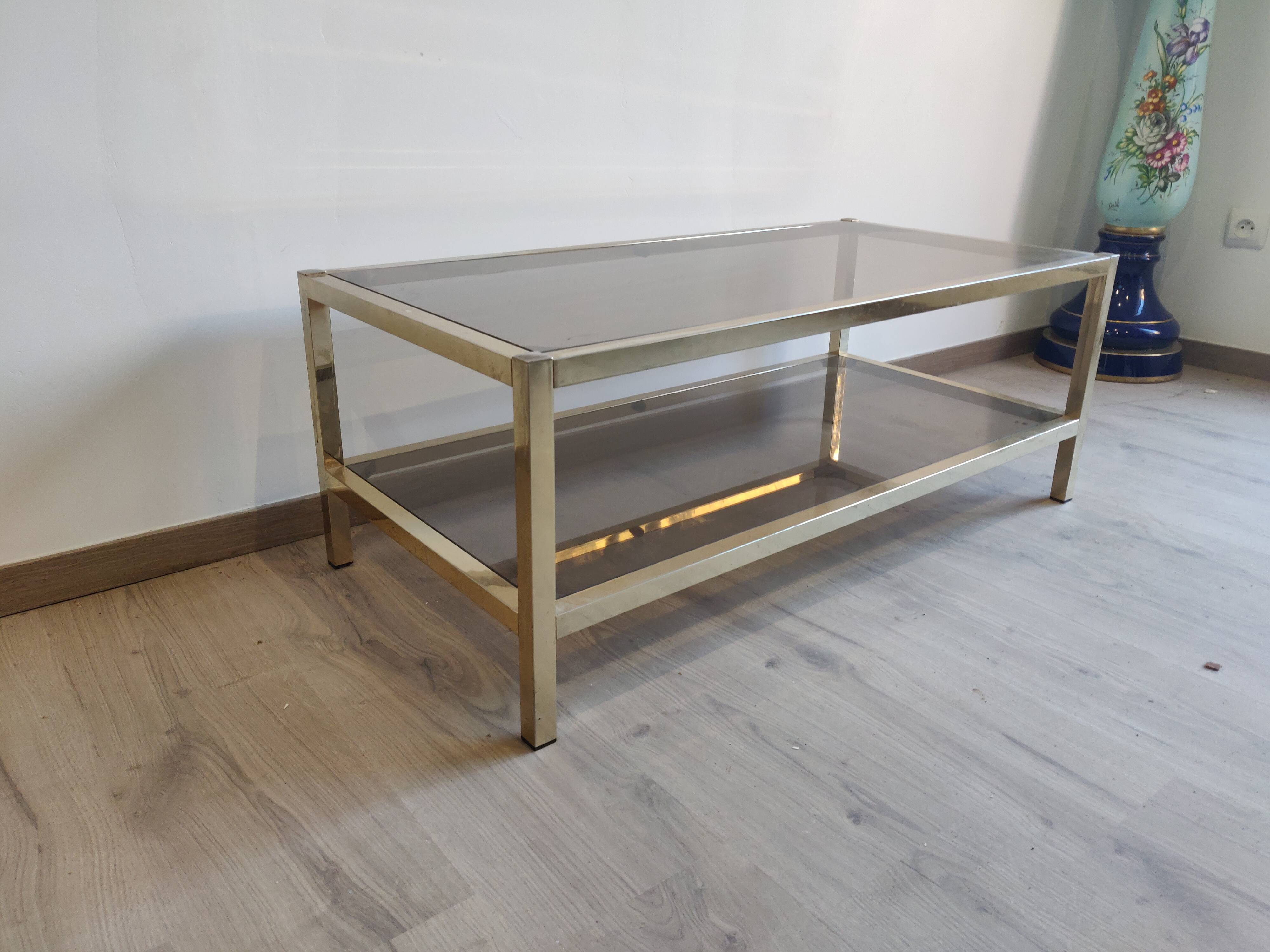 Coffee table in gilded brass smoked glass design 1970s