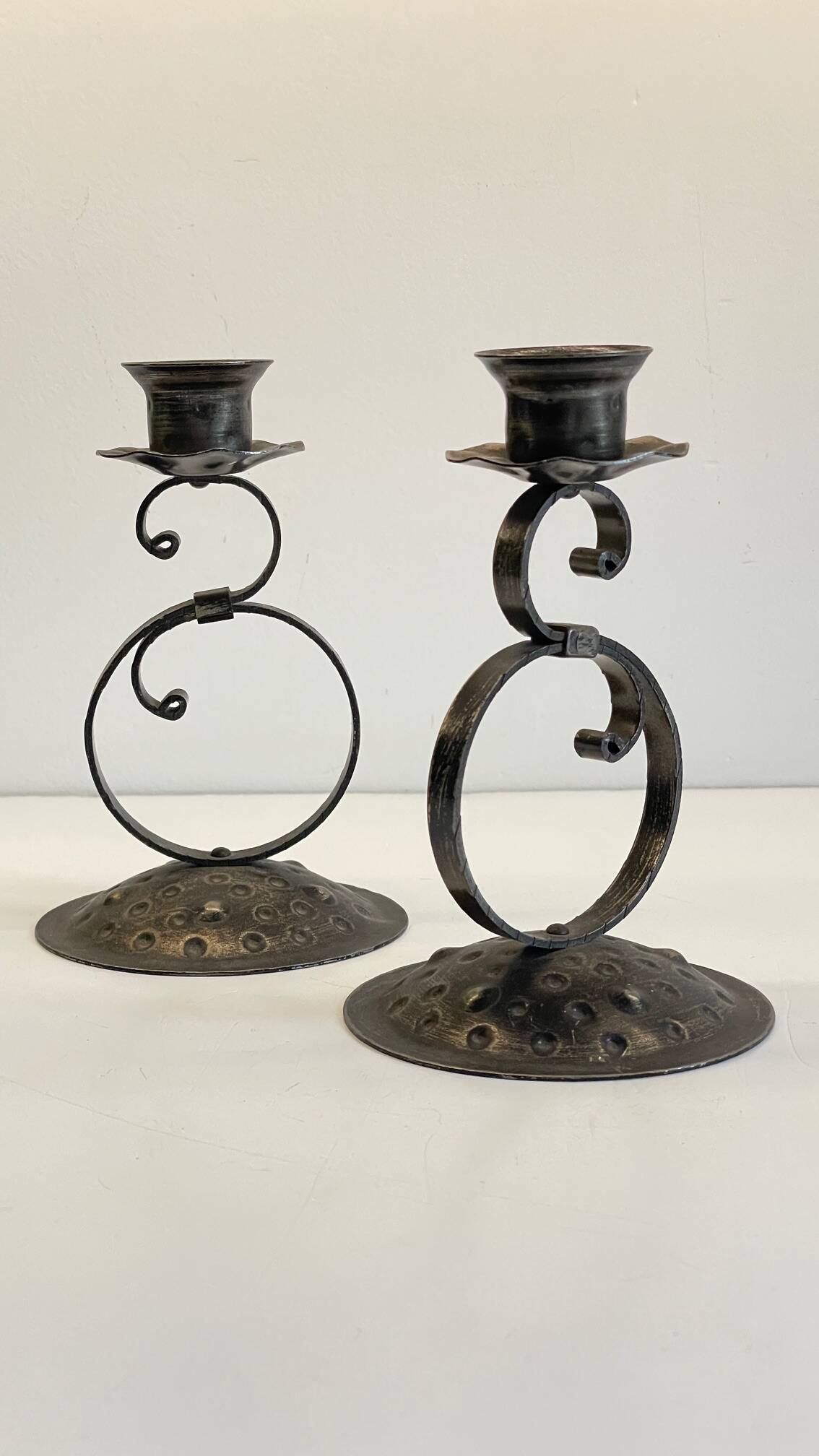 Vintage Black Patina Metal Candlesticks