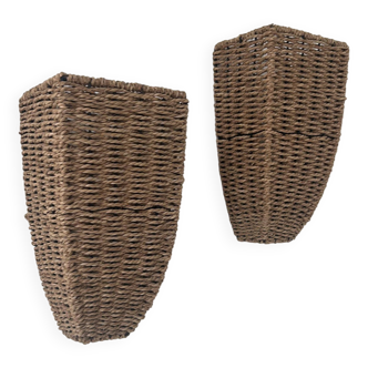 Pair of vintage wall lights, woven rattan, France 1980