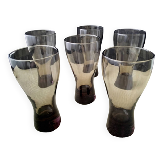 6 thick-bottomed smoked glass glasses from the 1970s