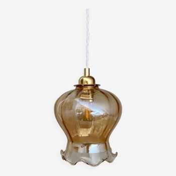 Vintage globe pendant light in slightly pearly amber glass