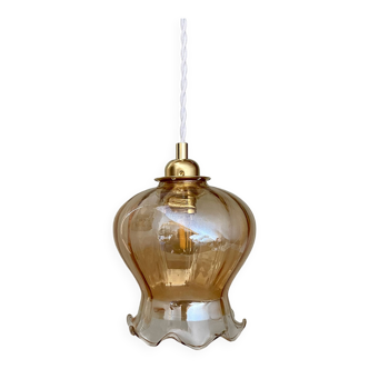 Vintage globe pendant light in slightly pearly amber glass