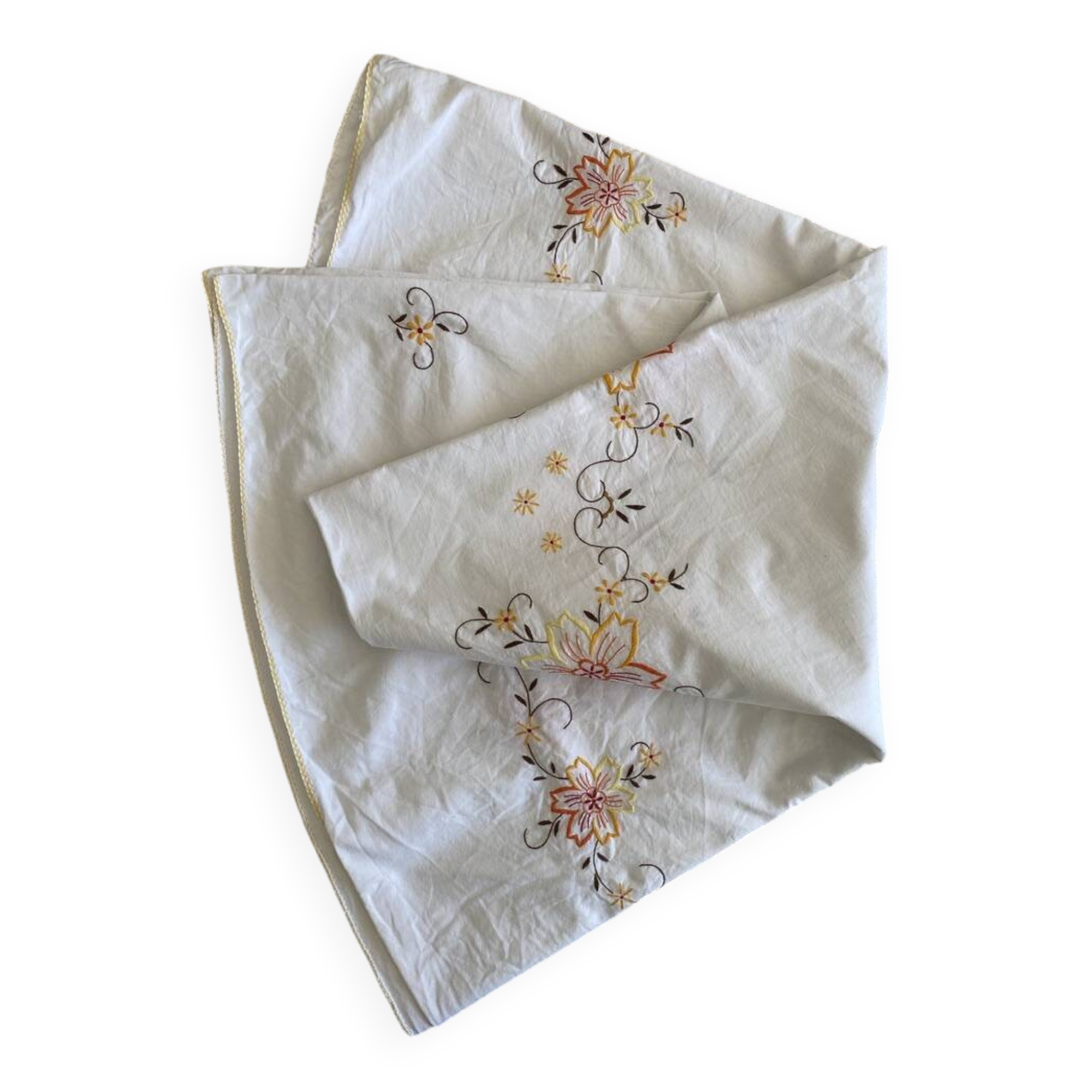 Nappe ronde vintage  70's , broderie mécanique - Coton - Diam. 170cm