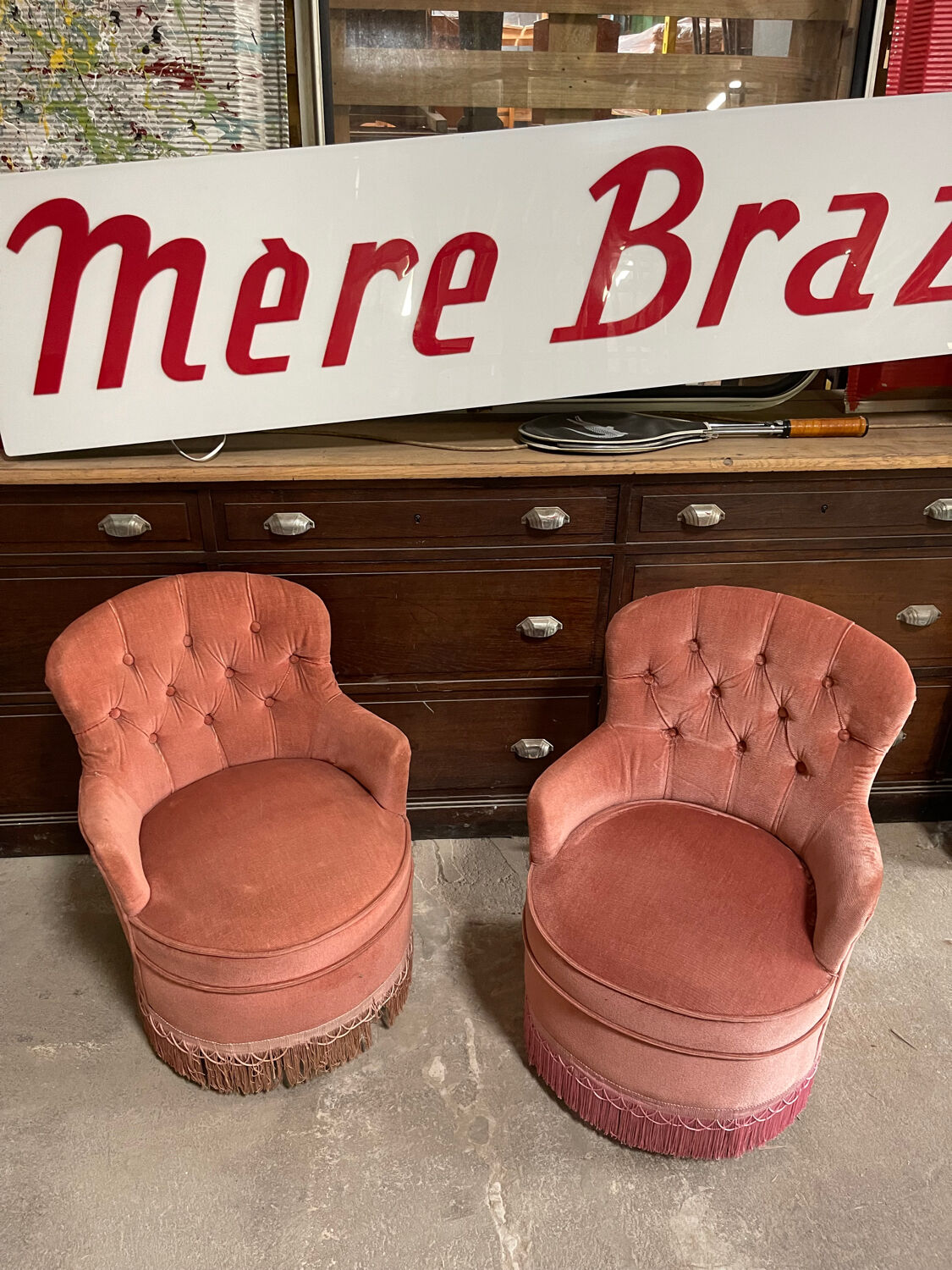 Pair of small powder pink toad armchairs