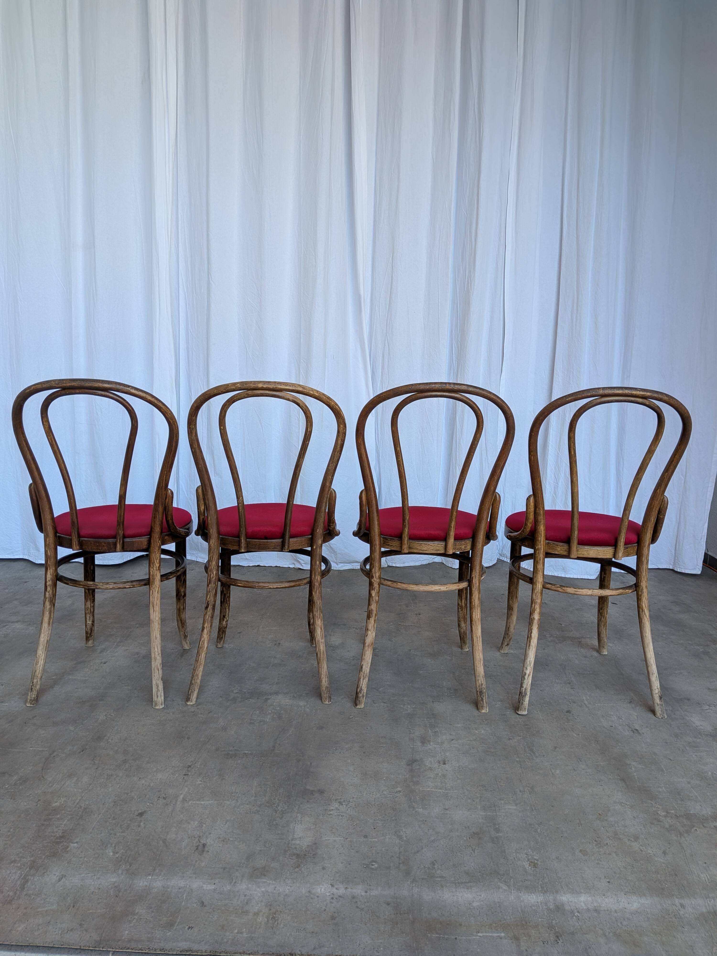 Set of 4 Vintage Bentwood Bistro Chairs, Red Upholstery