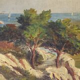 Old oil on canvas, Mediterranean cove landscape