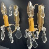 Pair of bronze/brass wall lamp and glassware