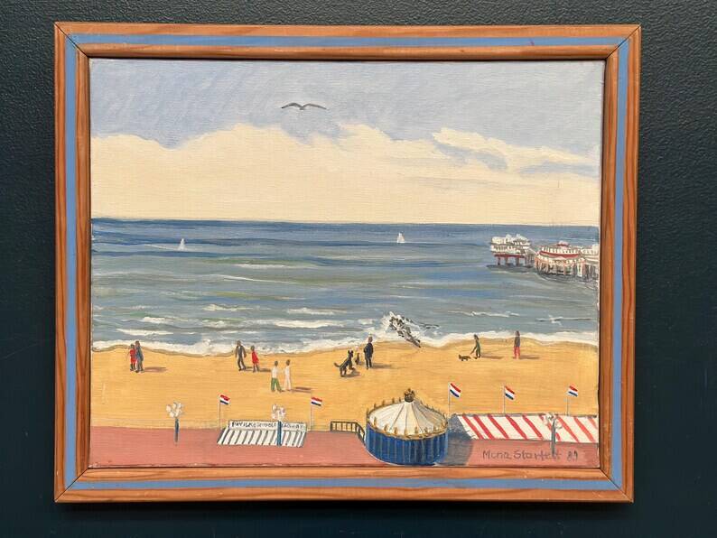 Original Swedish Oil on Canvas – "Day at the Beach" by Mona Starfelt – Signed – Dated 1989 – Framed