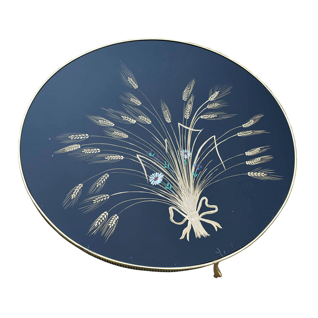 Round coffee table black glass floral brass structure D 60 cm vintage - Brocante Chic