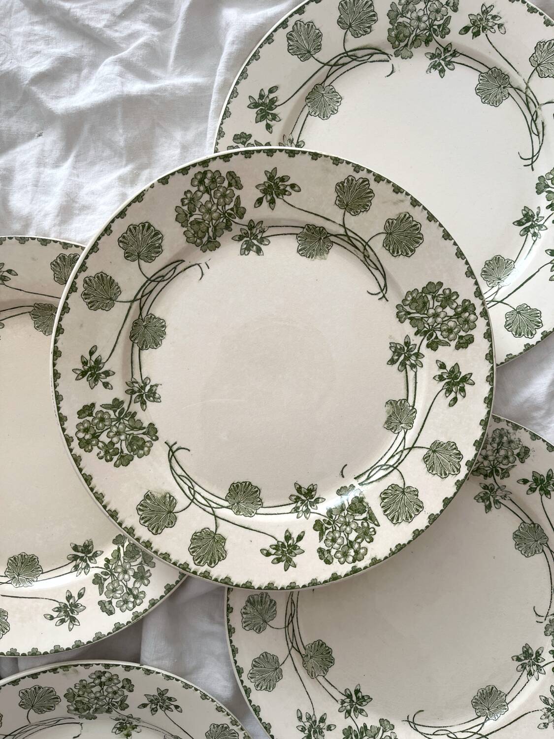 6 antique flat plates made of ironstone "Géranium" Sarreguemines