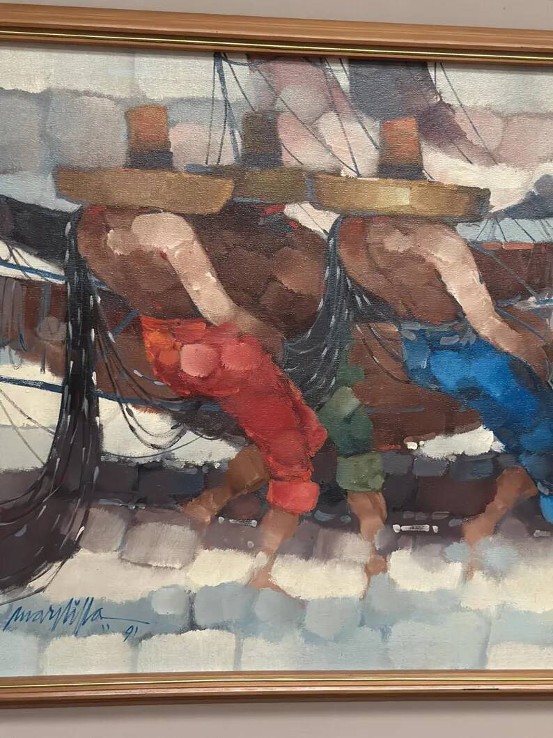 Swedish Oil on Panel"Fishermen" by Marylilla , Vintage and Framed