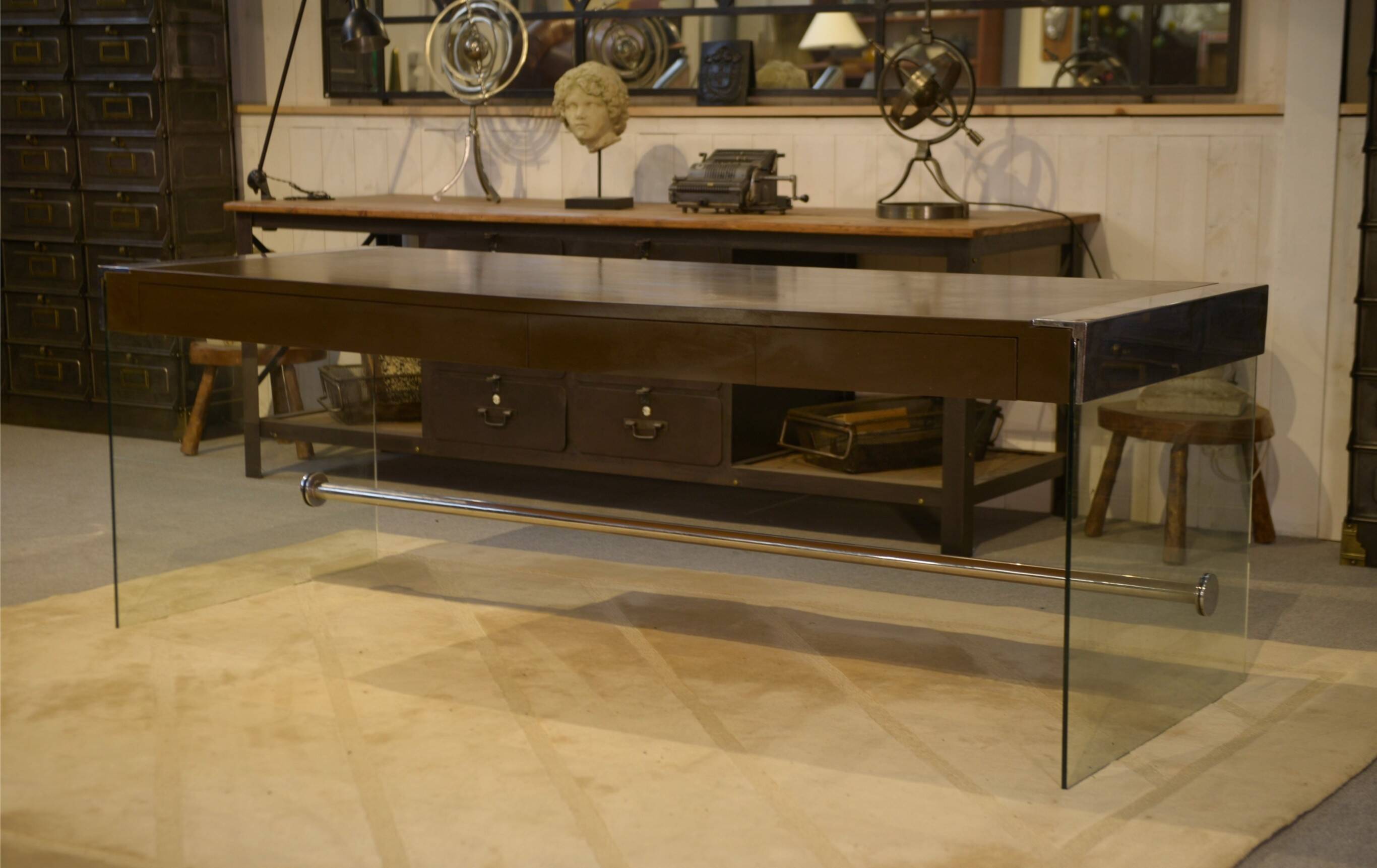 Desk design in melamine, glass and chrome 1980s