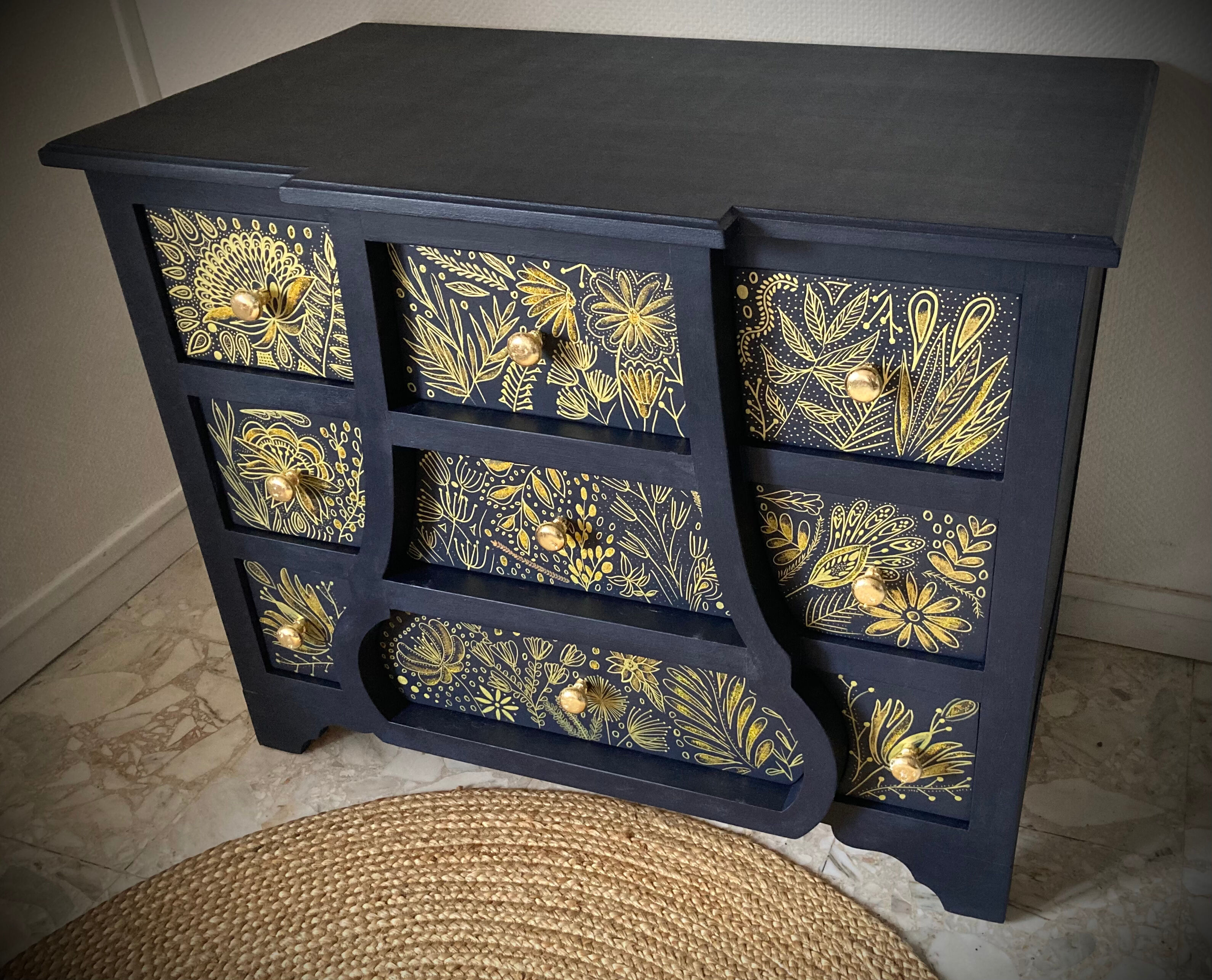 Atypical blue chest of drawers, hand-painted golden patterns