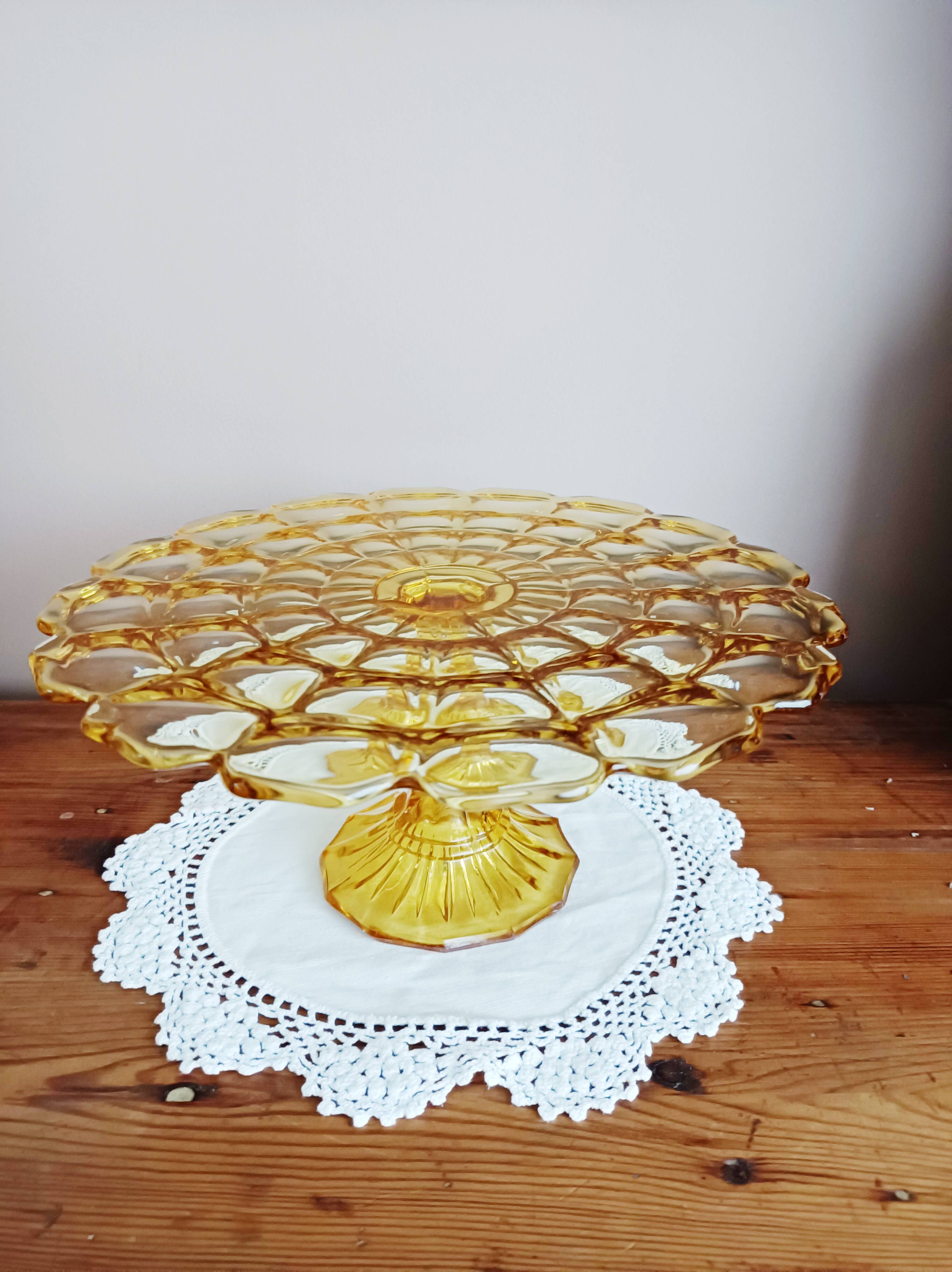 Cake stand, glass pedestal plate Bernsdorf depression style