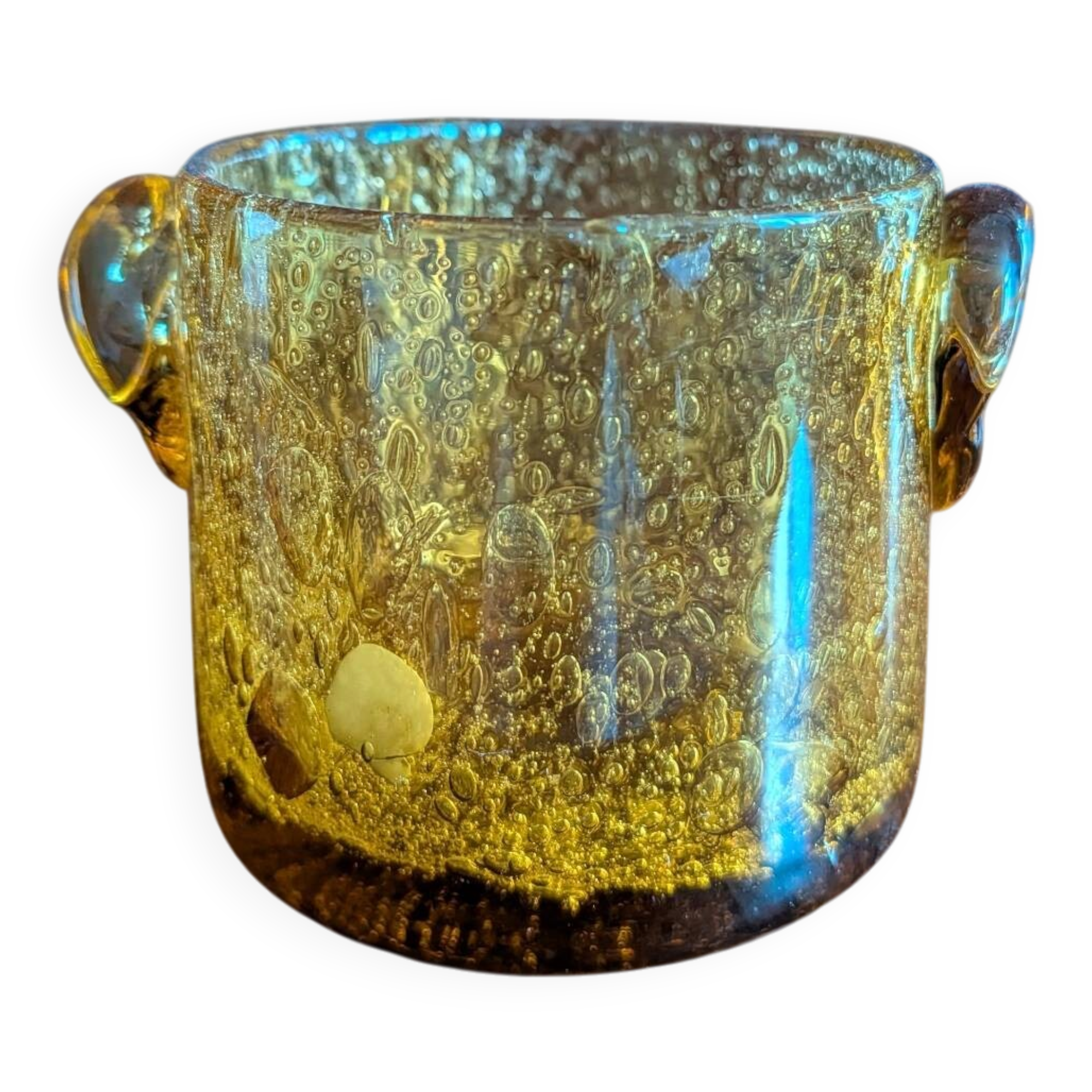 Small vase or amber bubbled glass tealight holder