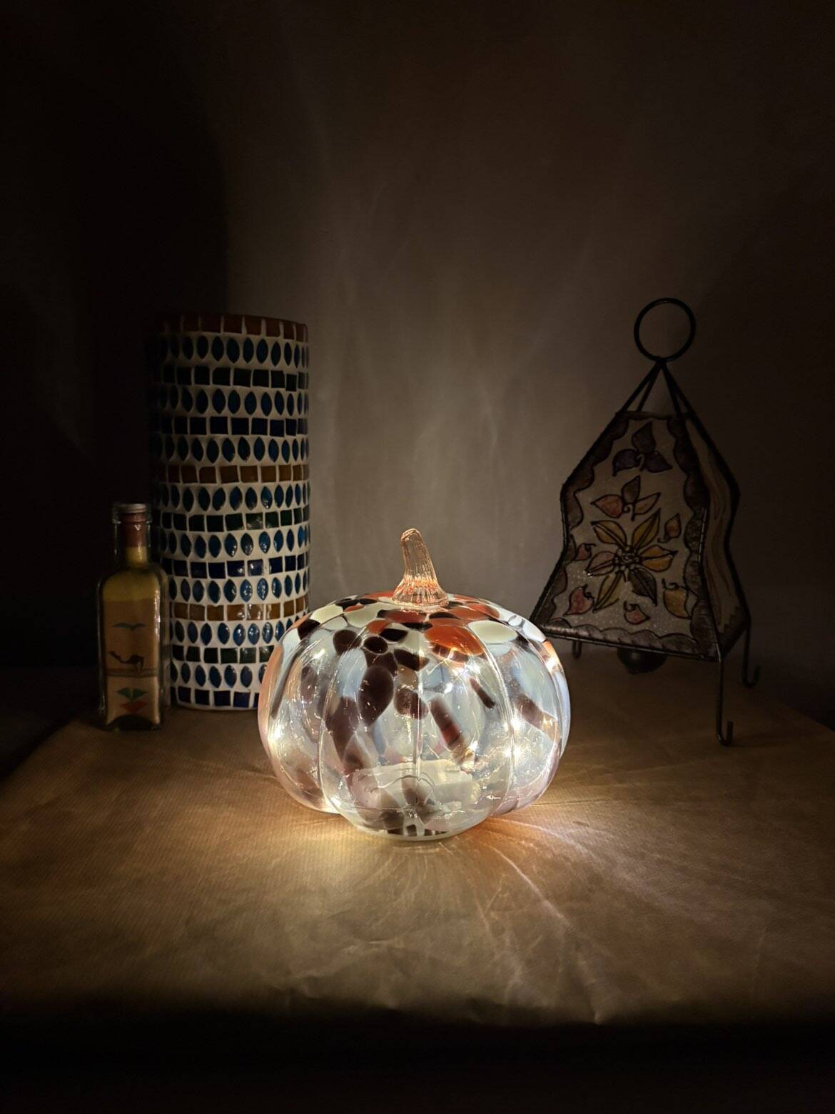 White, orange & brown glass pumpkin lamp – vintage