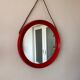 Mid-Century Scandinavian Red Round Wooden Mirror with Leather Strap, 1950s