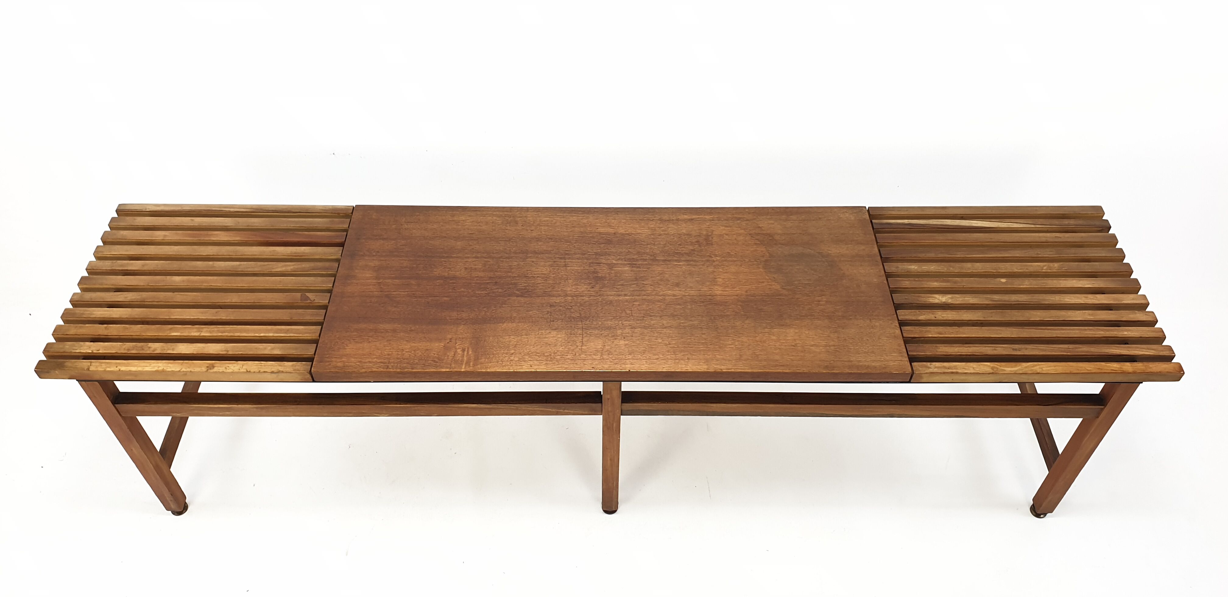 Bench in walnut and teak with brass feet, italy 1950s