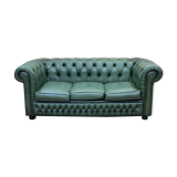 Chesterfield sofa in green leather 3 places from the 80s