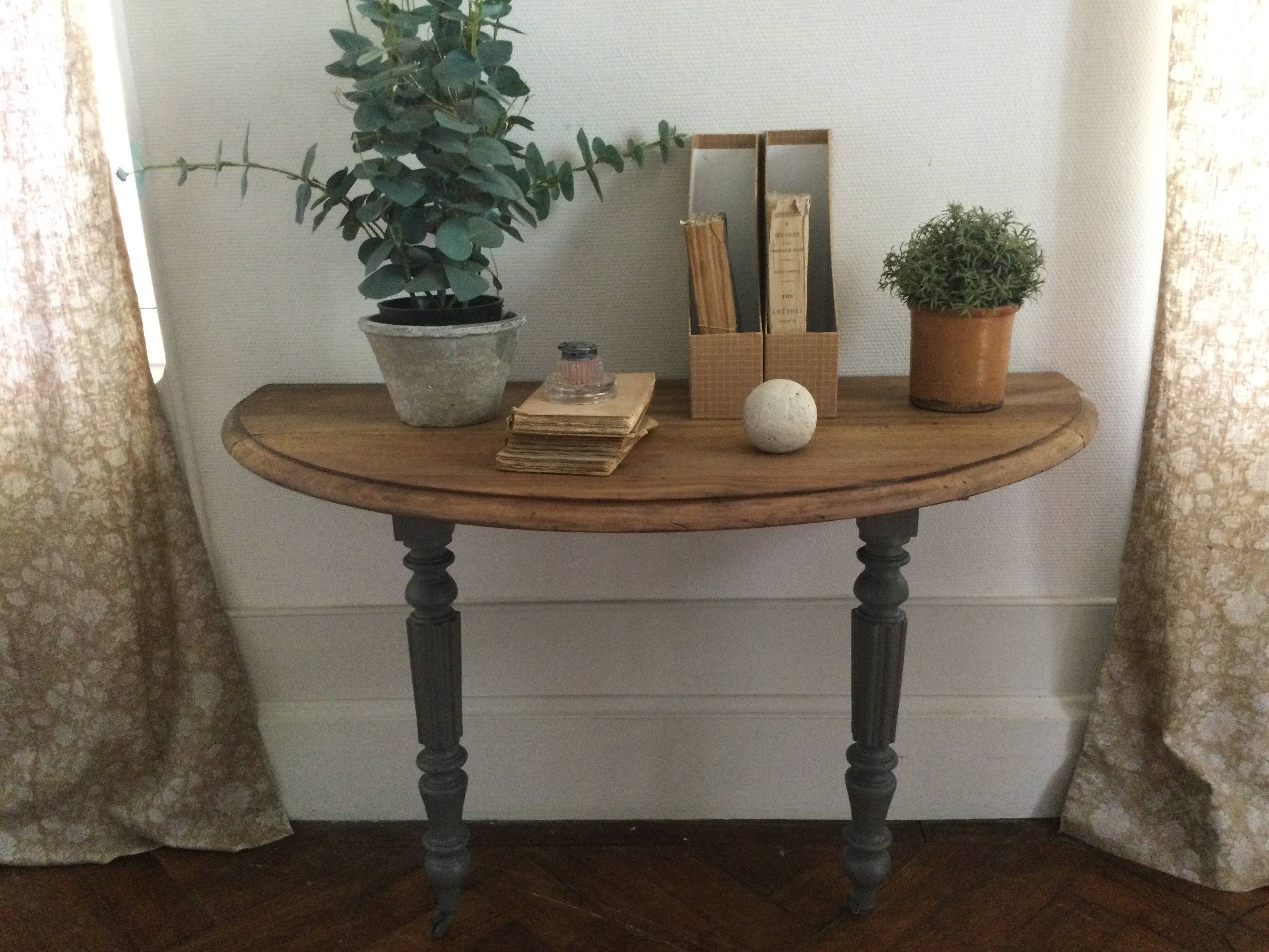 Antique painted wooden half-moon console table