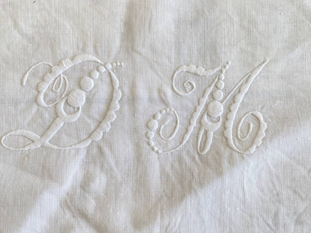 Set of 10 antique hand-embroidered "DM" napkins - Linen threads - 72x86 cm