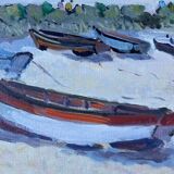 Hst painting "beach with boats" marine normandy brittany by robert leboucher