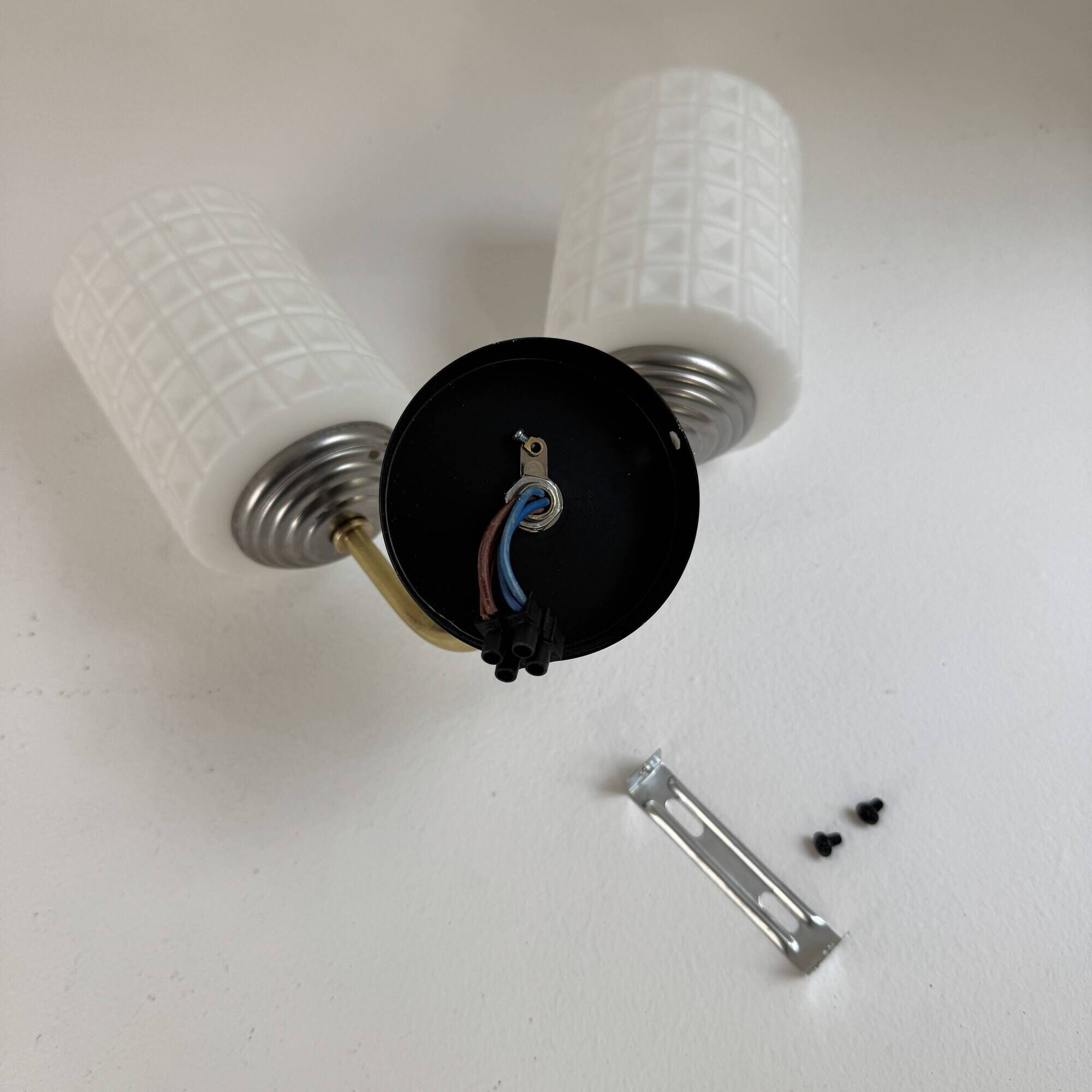 Pair of vintage double wall lights from the 1950s in opaline.