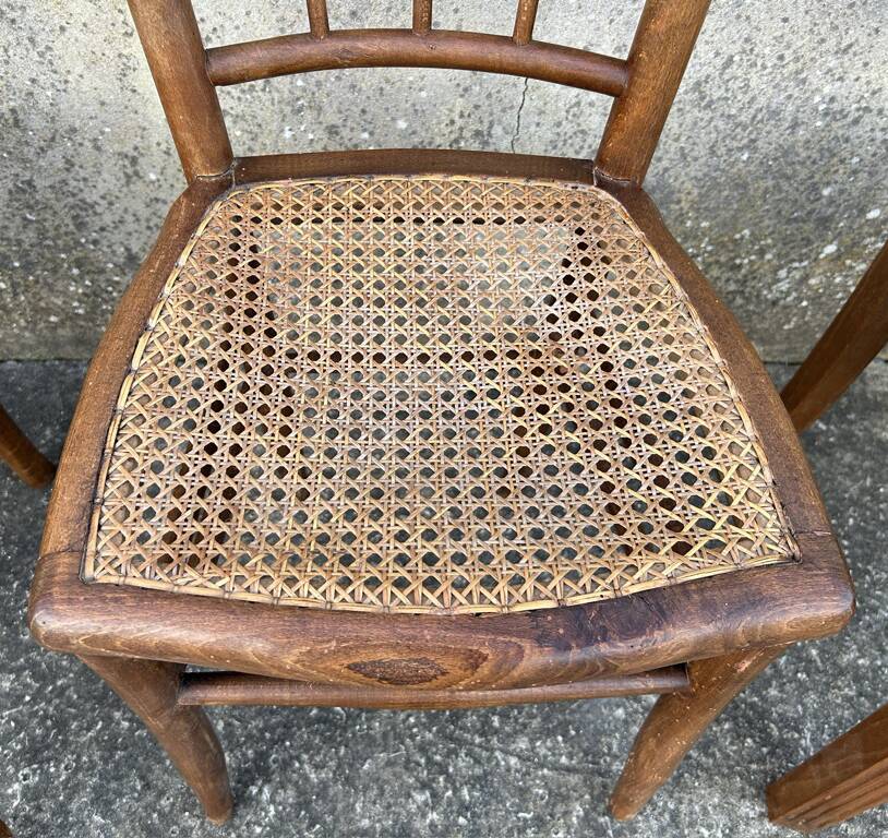 Ensemble de 7 chaises bois et cannage, vintage