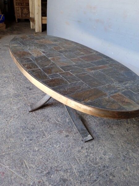 1970 metal and slate coffee table