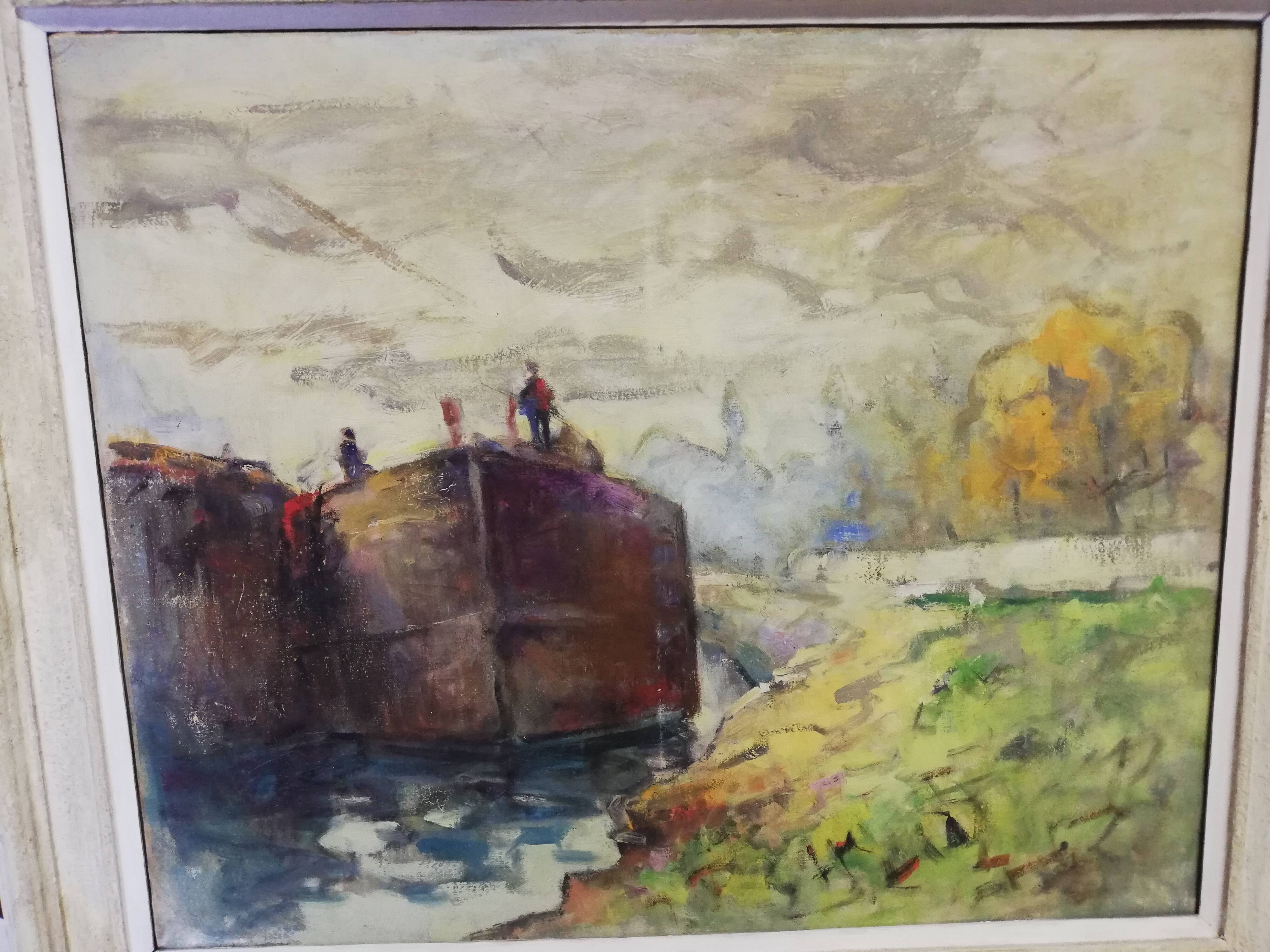 Oil on canvas "barge on the banks of the Seine"