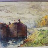Oil on canvas "barge on the banks of the Seine"