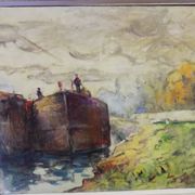 Oil on canvas "barge on the banks of the Seine"