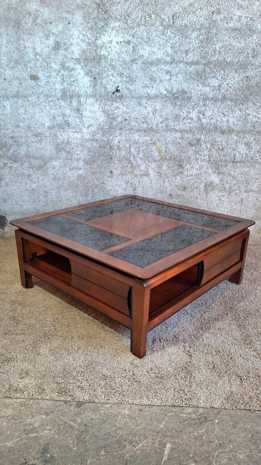 Table basse carrée bois massif plateau avec verre noir 100x100 cm