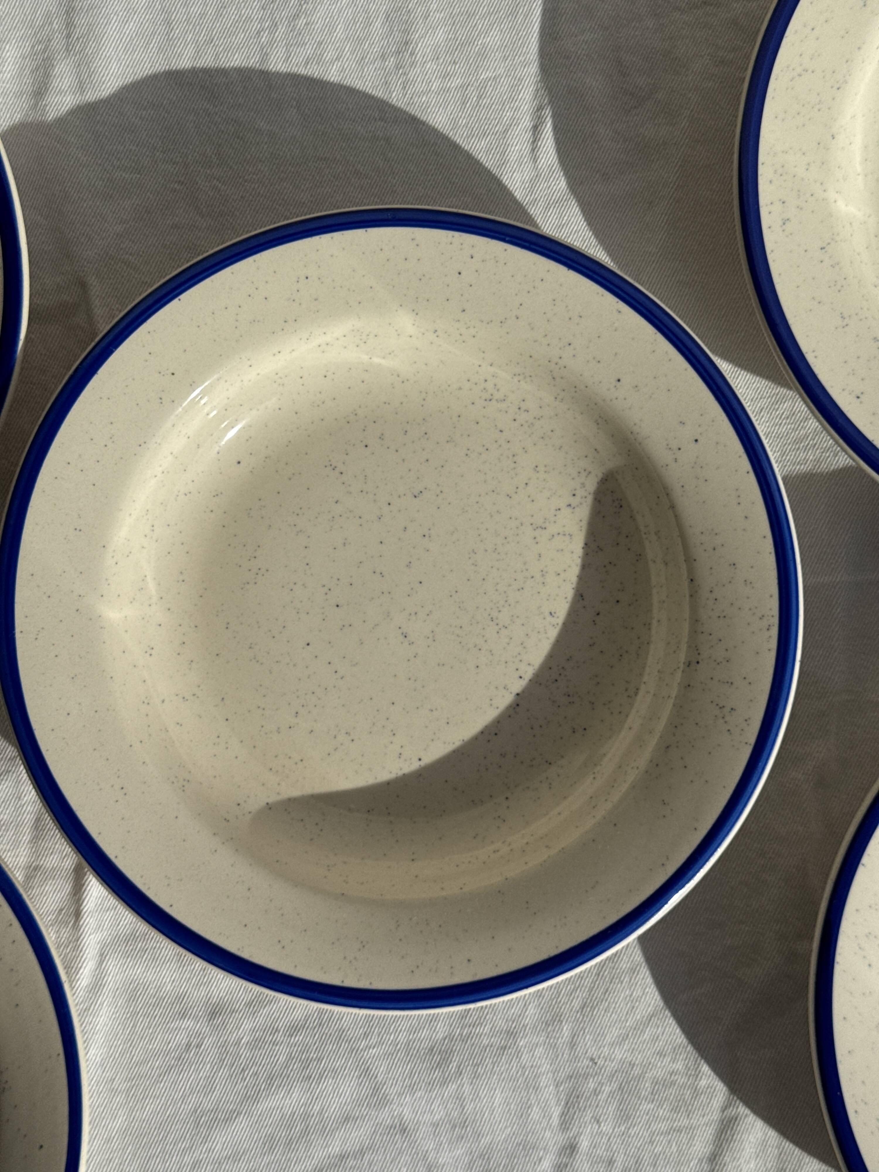Set consisting of 6 beige flat plates with a blue rim + 3 deep plates.