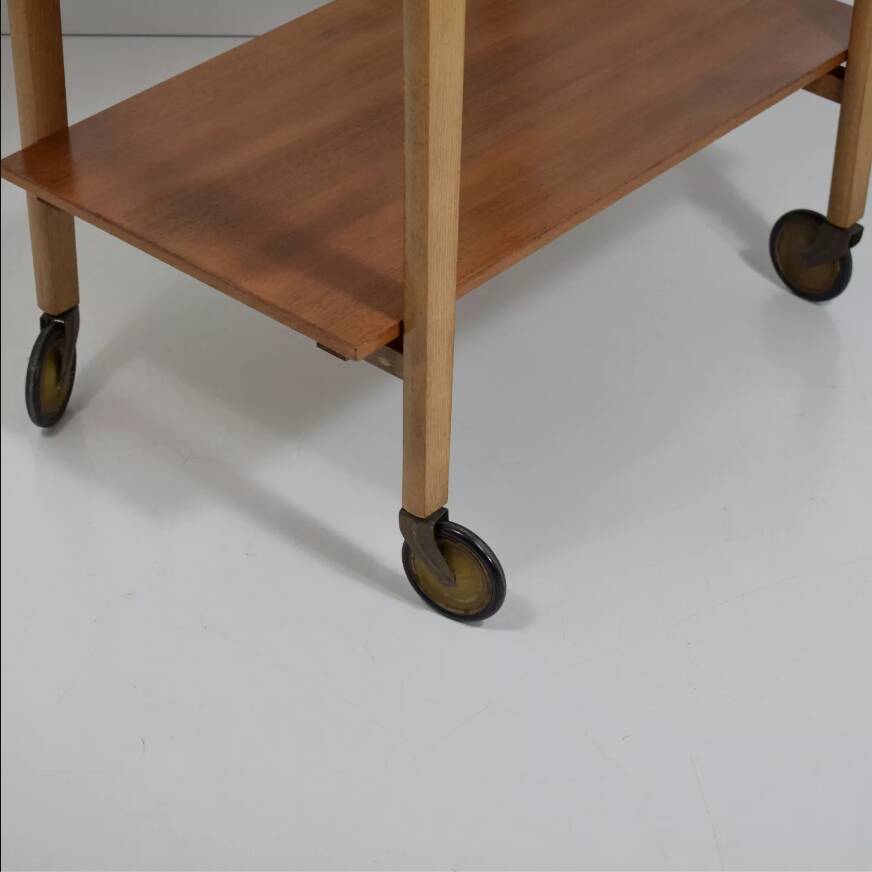 Vintage rolling bar or serving trolley, red ceramic, 1950s design