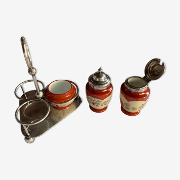 Servant salt shaker/pepper maker/mustard maker - faience and silver metal