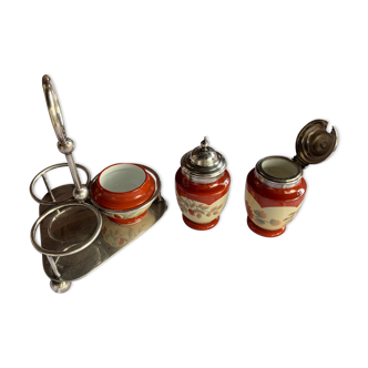 Servant salt shaker/pepper maker/mustard maker - faience and silver metal