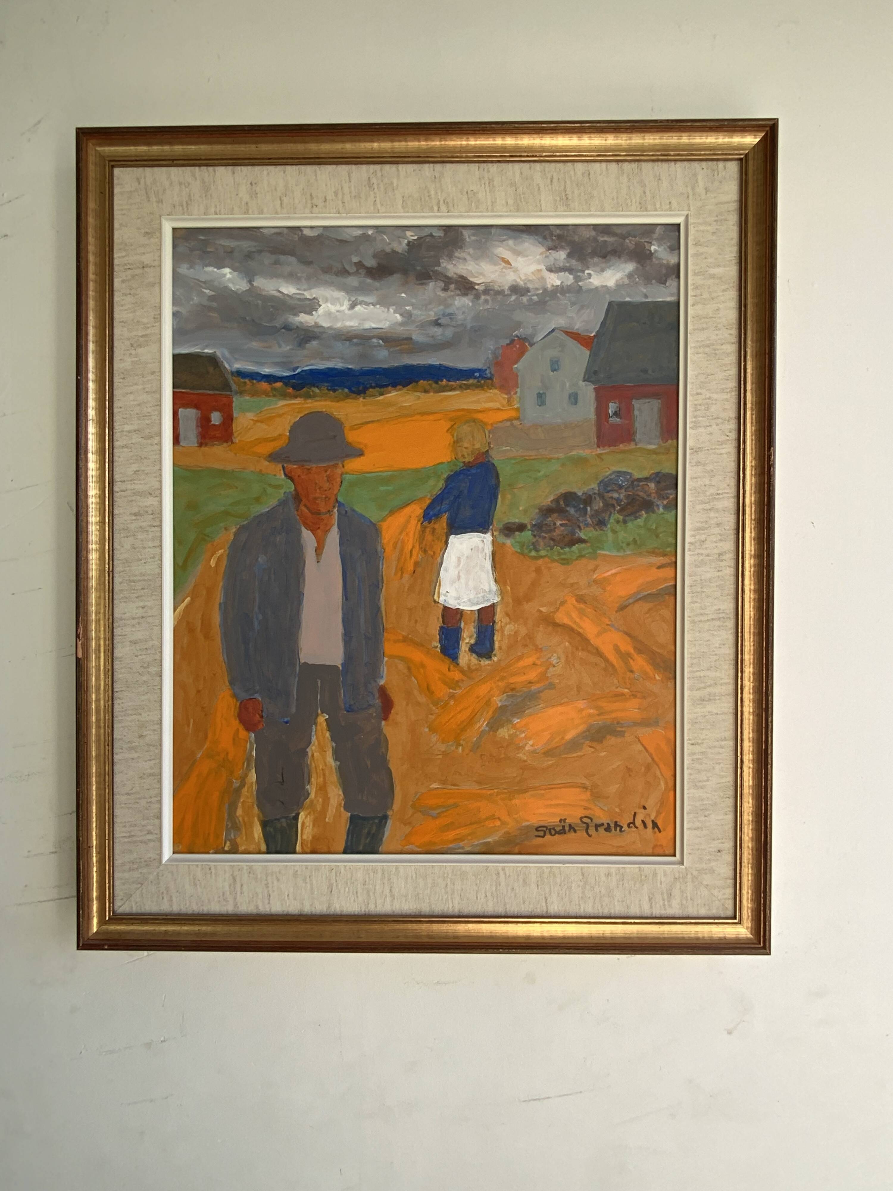 Vintage Oil Painting Harvesting Landscape  by Svan Grandin (1906- 1982)