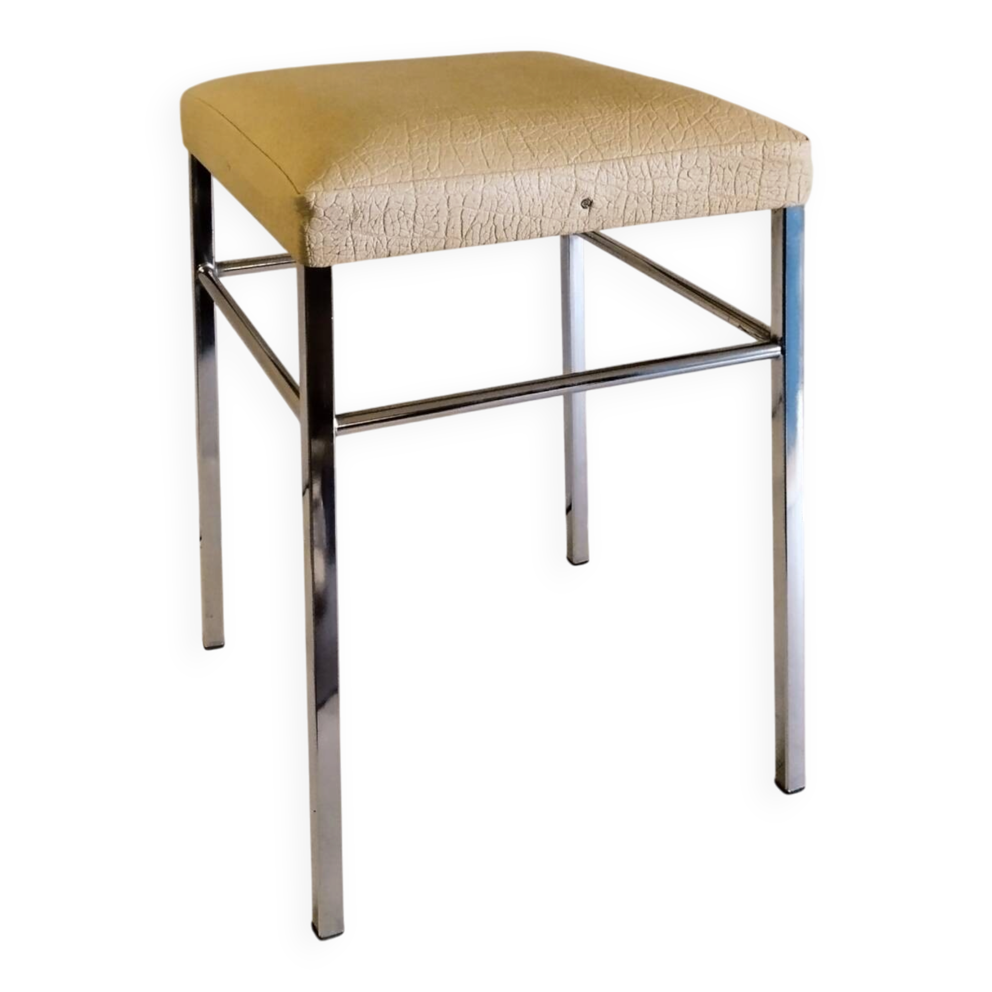 Tabouret vintage en métal chromé et similicuir blanc - mid. XXeme