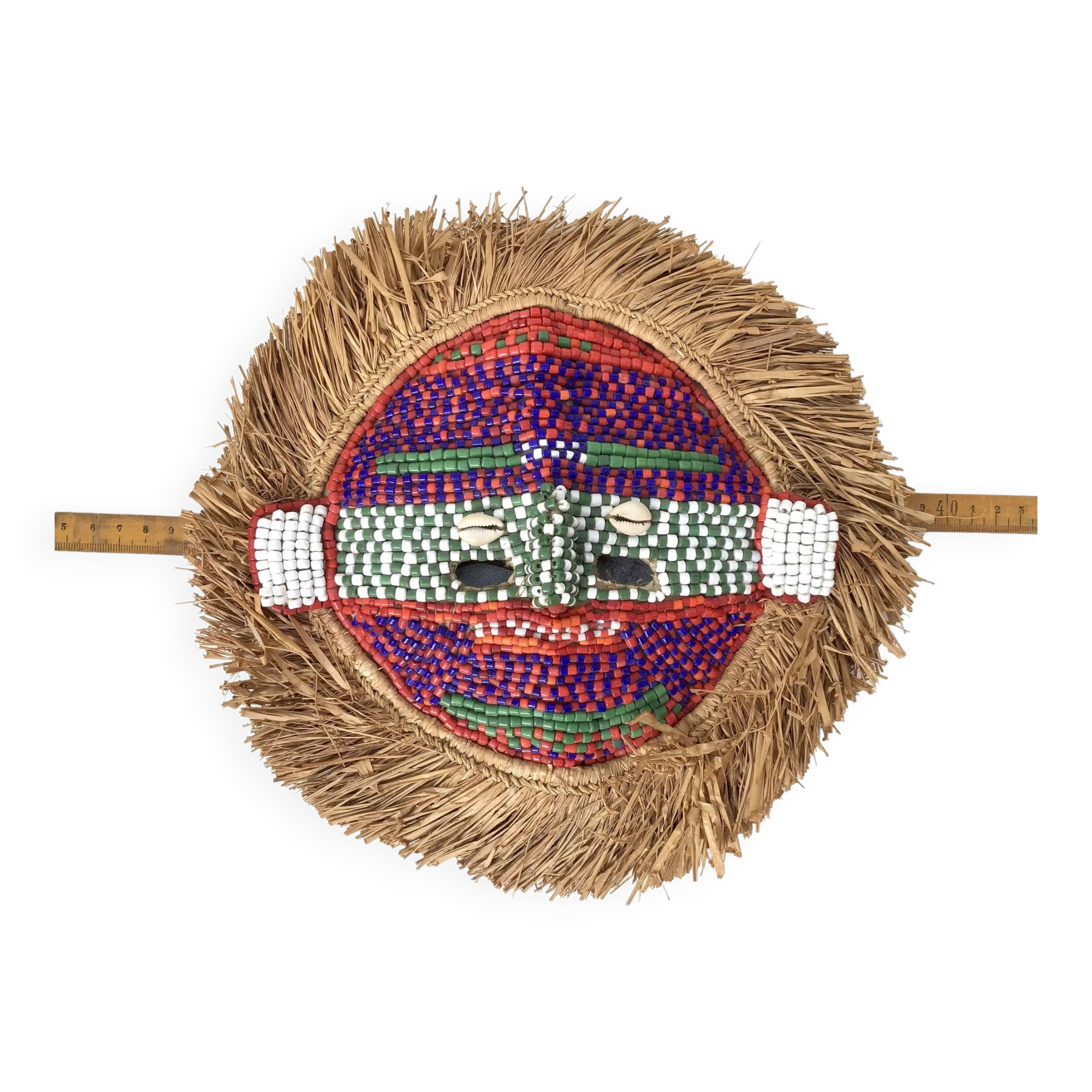 Masque Kuba du Congo - Cauris, Perles de verre, Raphia, Tissu