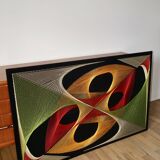 Large psychedelic design painting with multicolored stitch and thread from the 1970s