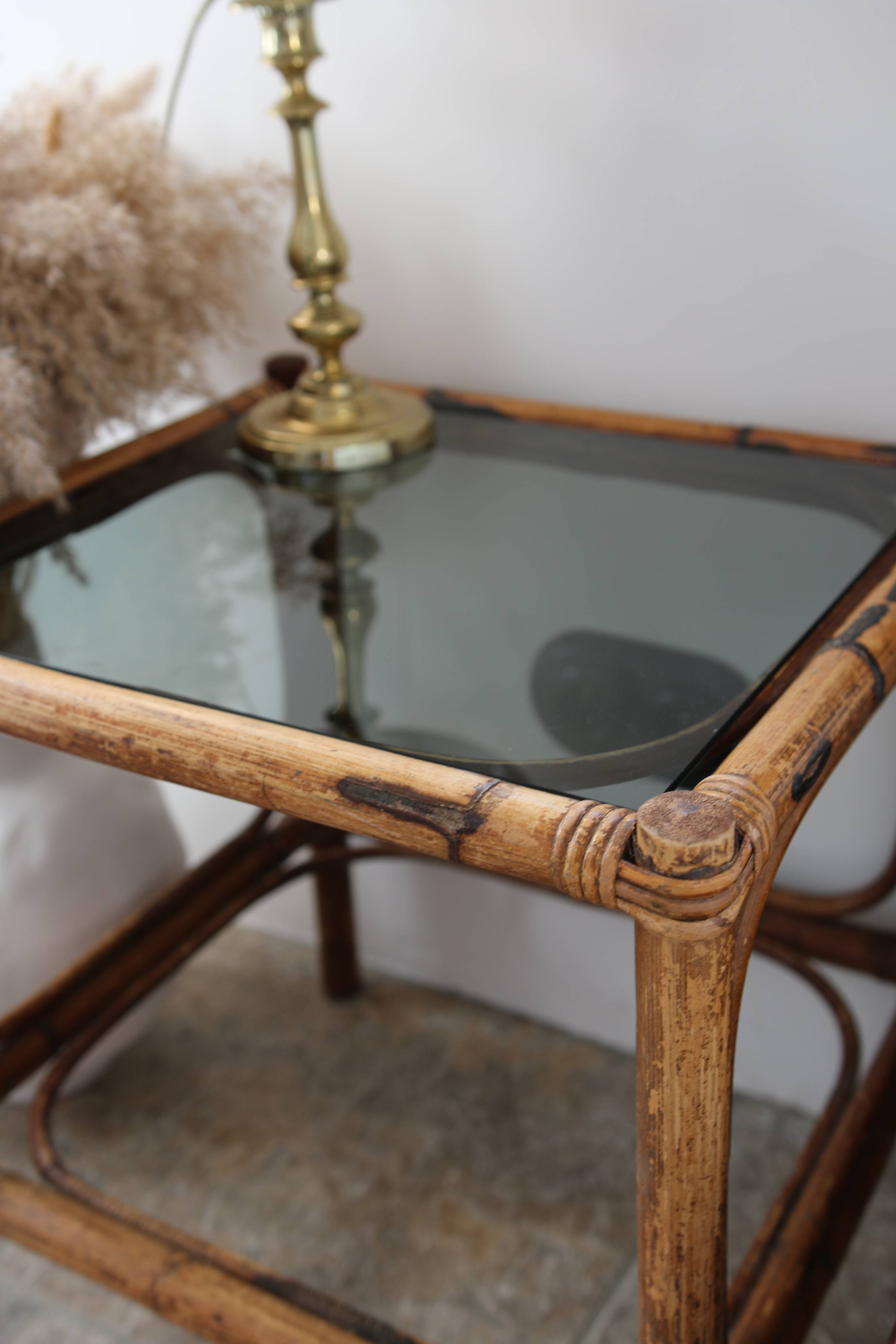 Vintage smoked glass bamboo table