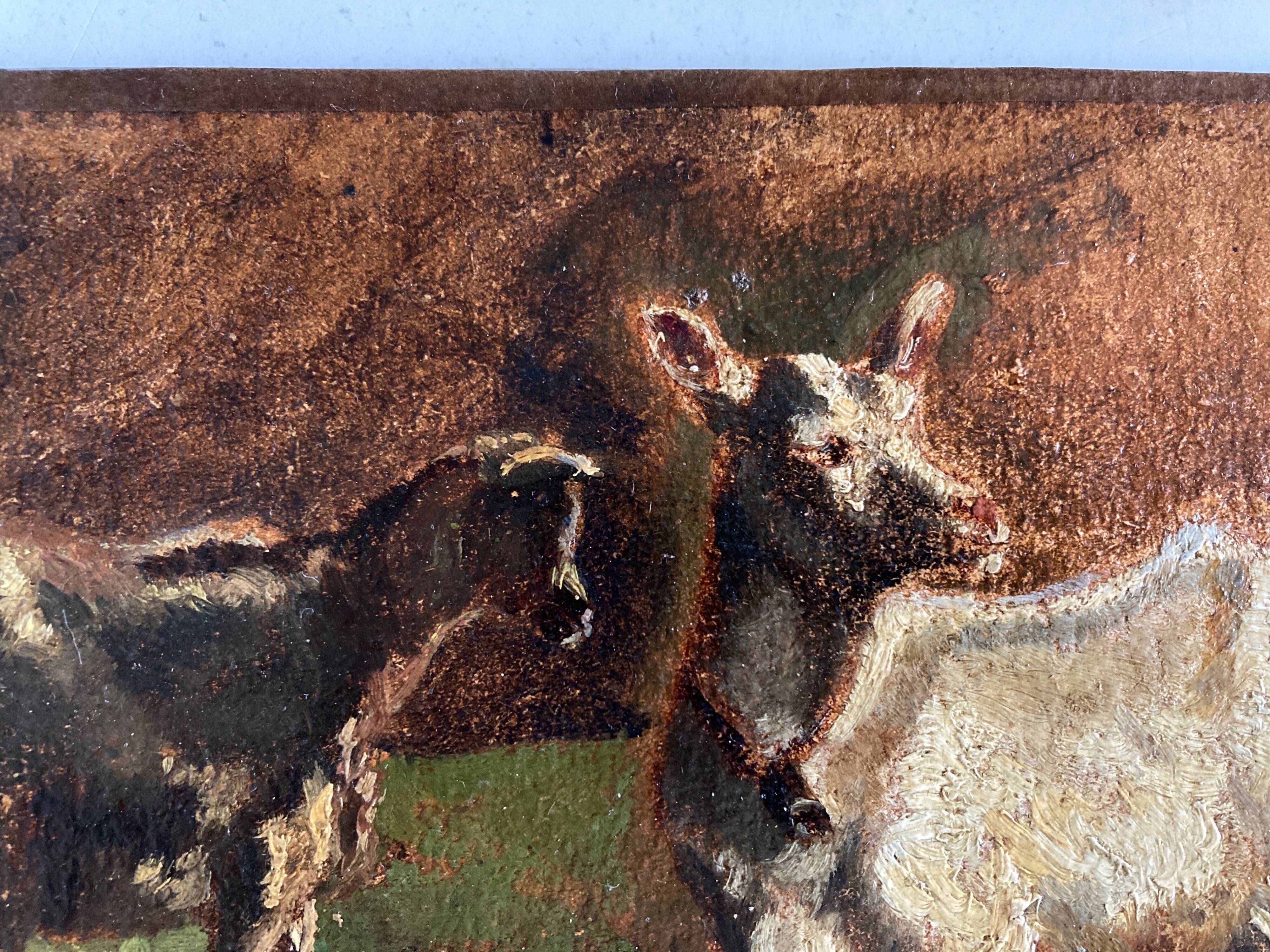 Portrait on the farm goats in the meadow 19th oil on canvas